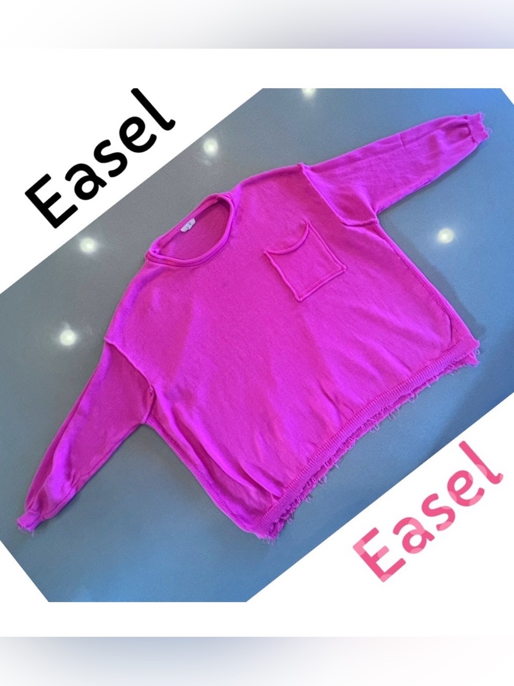 Easel Vibrant Pink Oversized Boyfriend Sweater Pocket Fray Edges Sz Large